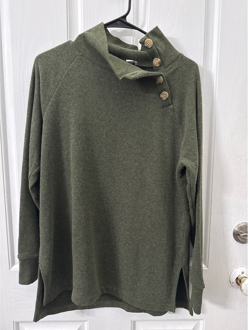J.Crew Women's Olive Green Pullover Sweater with High Button Collar, Size Small